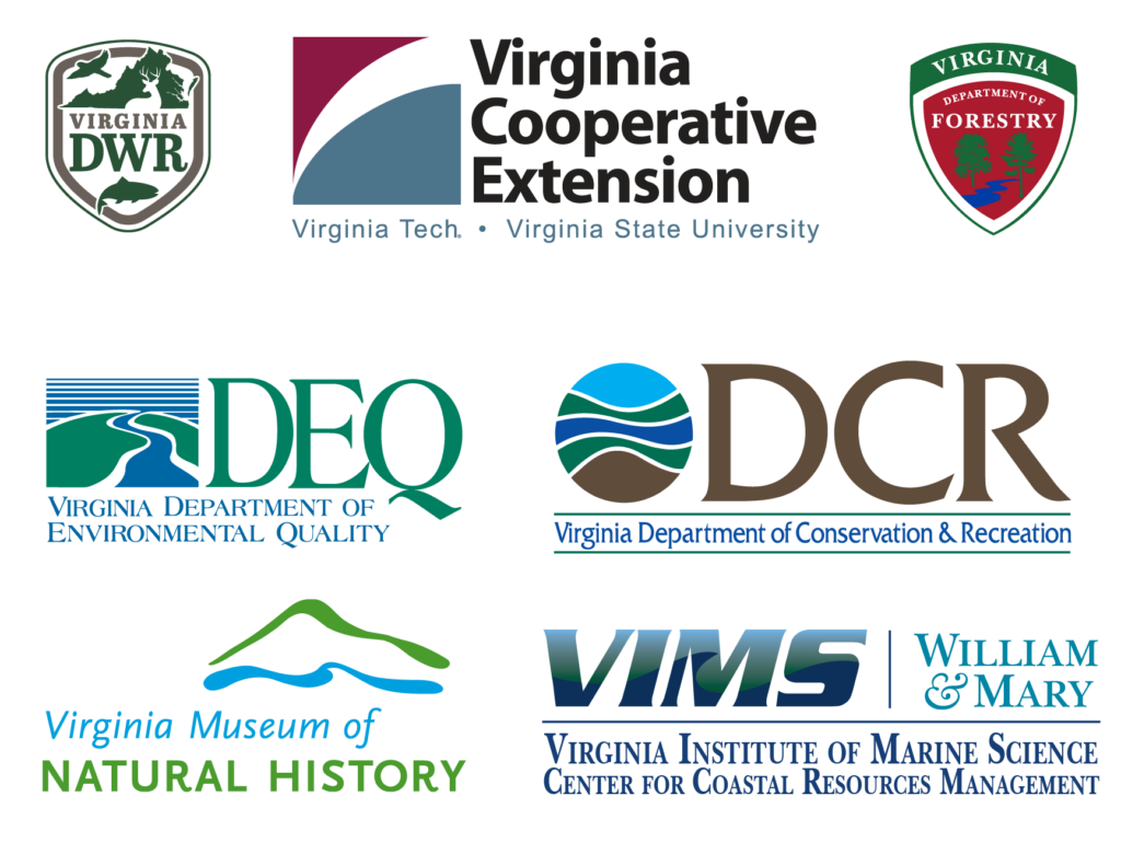 logos of the seven sponsoring agencies, including DWR, Virginia Cooperative Extension, Virginia Department of Forestry, Virginia Department of Environmental Quality, Virginia Department of Conservation and Recreation, Virginia Museum of Natural History, Virginia Institute of Marine Science Center for Coastal Resources Management