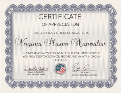 Certificate of Appreciation to Virginia Master Naturalists from City of Williamsburg