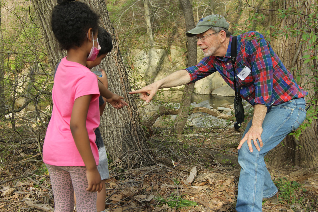 volunteer with binoculars pointing out something on a tree to two small children