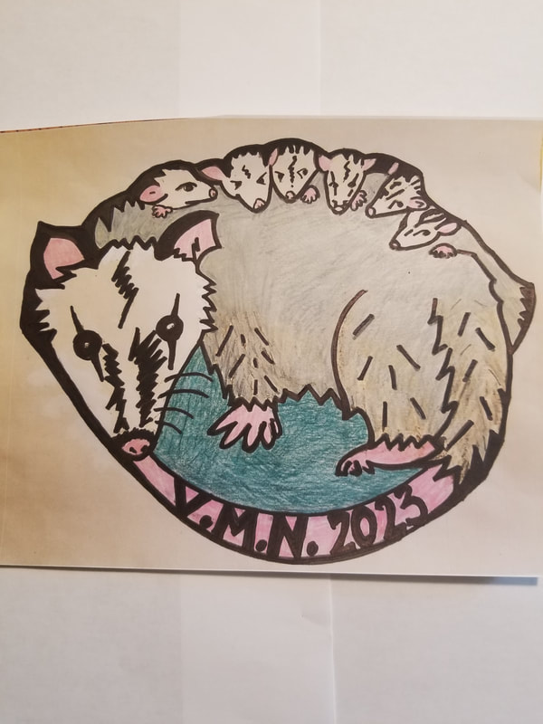 drawing of opossum with six baby opossums attached and text VMN 2023