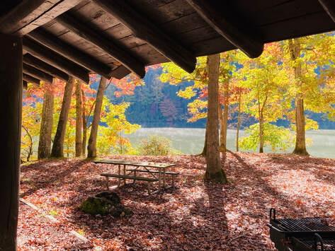 picnic shelter by lake with fall colored trees