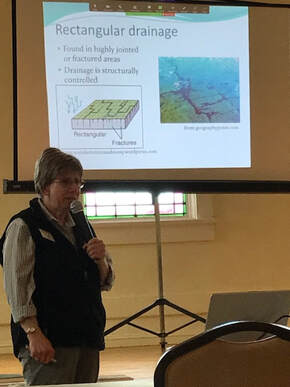 person with microphone presenting in front of screen