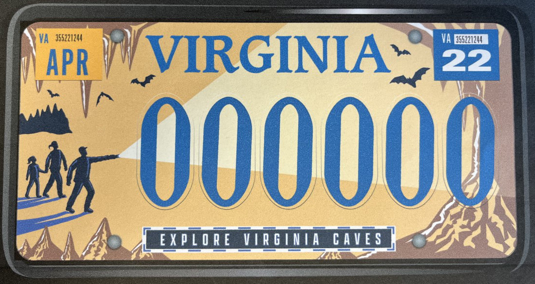 sample license plate that says Explore Virginia Caves and has an image of a family in a cave with bats flying